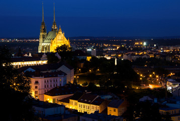 Fototapeta na wymiar Illuminated St. Peter and Paul Cathedral at night, Brno