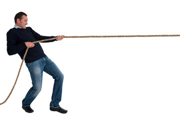 man tug of war pulling rope isolated