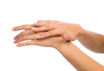 Fototapeta premium Beautiful woman hands with french manicure nails