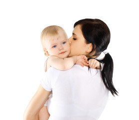 Baby and mom on a white background, happy family