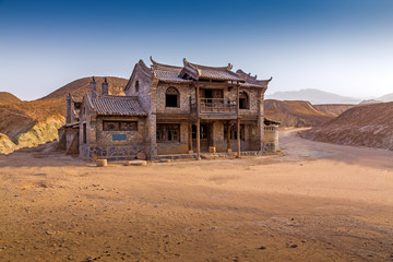 Colorful mountain in Danxia Landform with old house