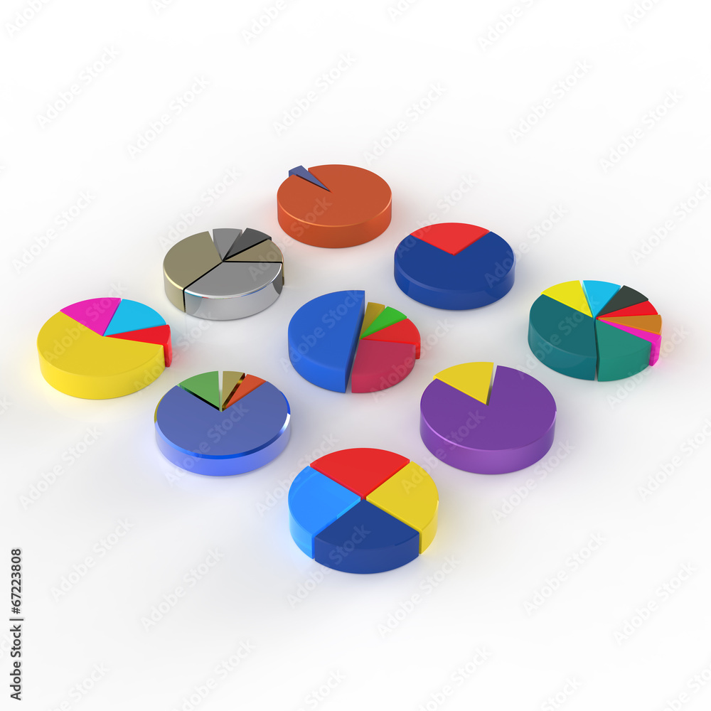 Poster set of 3d different pie chart on isolated background