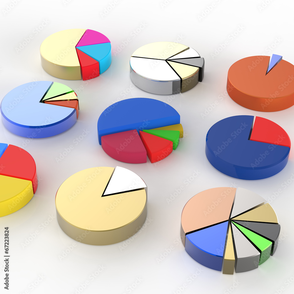 Poster set of 3d different pie chart on isolated background