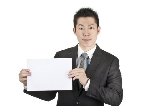 asia business man hold a paper card