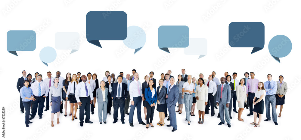 Poster multiethnic group of business people with speech bubbles - Posters