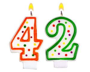 Birthday candles number forty two isolated on white background