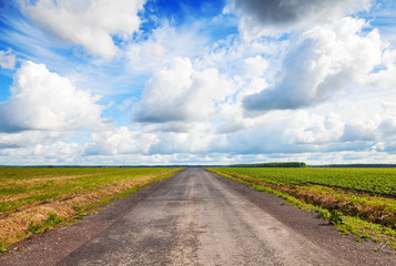 Fototapeta na wymiar Empty country road perspective with dramatic cloudy sky