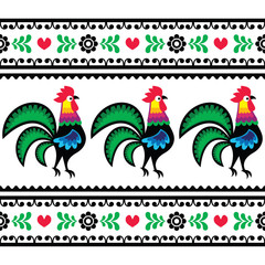 Seamless Polish folk art pattern with roosters - Wycinanka - obrazy, fototapety, plakaty
