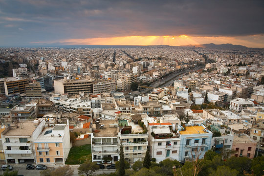 Evening view of Athens from Filopappou Hill.