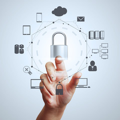 businessman hand showing 3d padlock on touch screen computer as