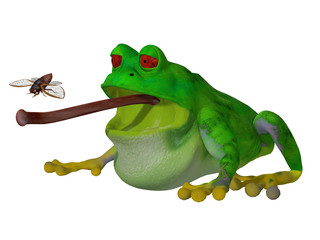 3d cartoon frog catching a fly