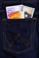 Dollar, euro bank notes and credit cards in jeans pocket