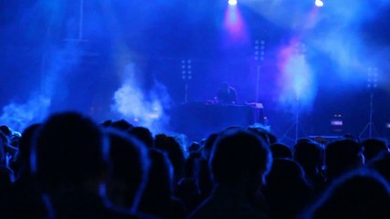 Huge crowd dancing at a DJ show, with great lightning effects