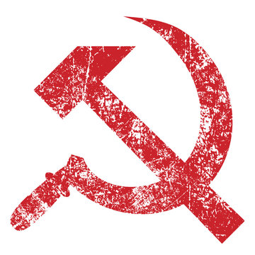 Grunge hammer and sickle isolated on white background, vector