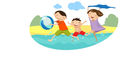 Family running on the beach. Vector illustration