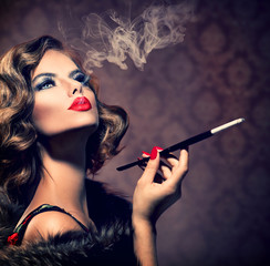 Retro Woman with Mouthpiece. Vintage Styled Beautiful Lady