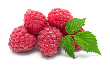 Ripe red raspberries, leaf, composition on white