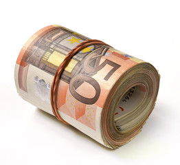 50 euro banknote folded in a roll - obrazy, fototapety, plakaty