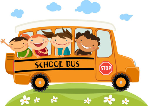 School bus with happy children