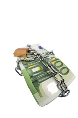 Euro-Geldscheine mit Kette und Vorh&auml;ngeschloss