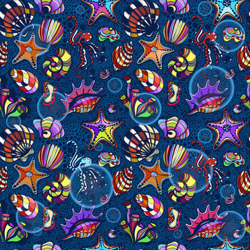 Colors pattern marine life.Shells,octopus,seamless pattern