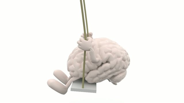 brain with arms and legs on a swing, 3d animation loop