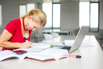 Naklejka premium In the library - female student with books, papers and laptop