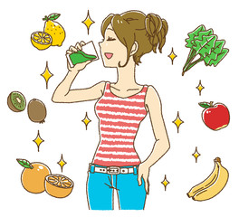 スムージーを飲む女性(ボーダー柄タンク)