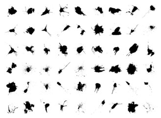 Set of 54 black blots and ink splashes - obrazy, fototapety, plakaty