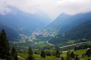 Village view in Swetzerland on a foggy day from above