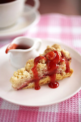 close up strawberry cheese cake with sweet sauce