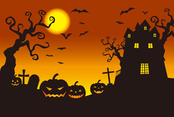 ハロウィーン　夕暮れのカボチャとホーンテッドマンション