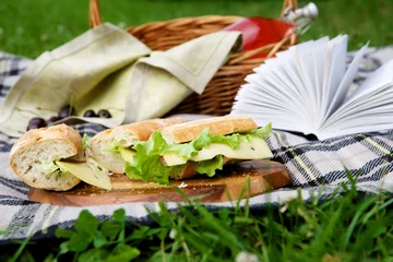 Foto op Plexiglas Picknick Picknickmand op gras
