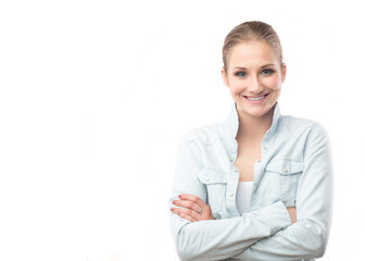 portrait of smiling woman on white