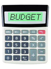 Calculator with BUDGET on display on white background