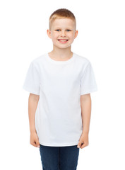 smiling little boy in white blank t-shirt