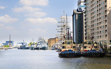 Old British ship based in Canary Wharf dock