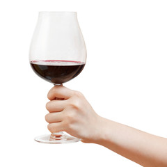 hand holds goblet glass with red wine