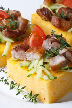 Pieces of polenta with bacon and vegetables macro vertical