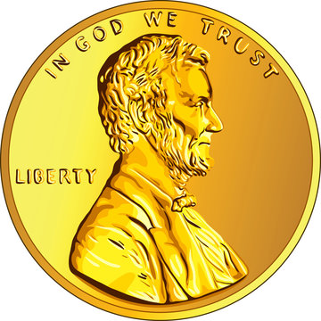 Vector American Money Gold Coin One Cent, Penny