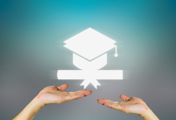 Fototapeta na wymiar Diploma certificate icon, graduate hand on green background. Concept of dream, education, success, achievement and knowledge from school, college or university. Take document roll, ribbon and hat. 