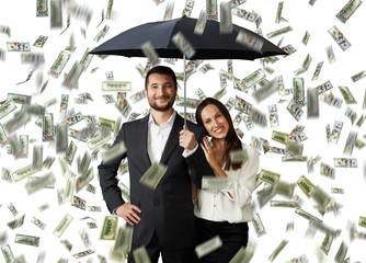 smiley couple with black umbrella