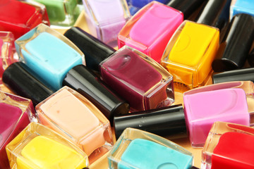 Group of bright nail polishes, close up