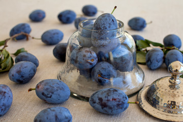Fresh plums in antique jar