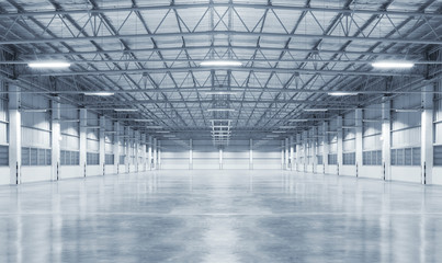 Concrete floor inside industrial building. Use as large factory, warehouse, storehouse, hangar or plant. Modern interior with metal wall and steel structure with empty space for industry background. - obrazy, fototapety, plakaty