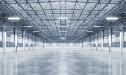 Fotobehang Concrete floor inside industrial building. Use as large factory, warehouse, storehouse, hangar or plant. Modern interior with metal wall and steel structure with empty space for industry background. © DifferR