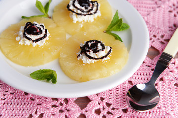 Tasty pineapple with cottage cheese, close up