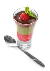 Glass of kiwi fruit and raspberry smoothies isolated on white