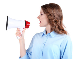 Fototapeta premium Young business woman with megaphone isolated on white