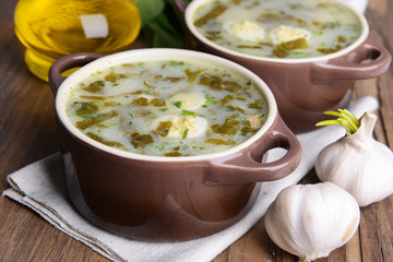 Delicious green soup with sorrel on table close-up